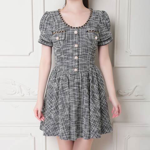 [an]パールボタンチェーンプリーツAラインミニドレス[AOC-3554](ブラックXホワイト-Sサイズ)