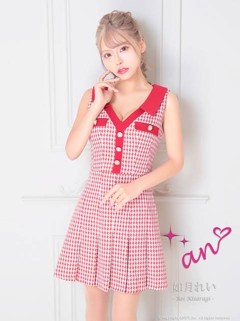 [an]千鳥柄Vネック襟付きプリーツAラインミニ丈キャバドレス[AOC-3538]