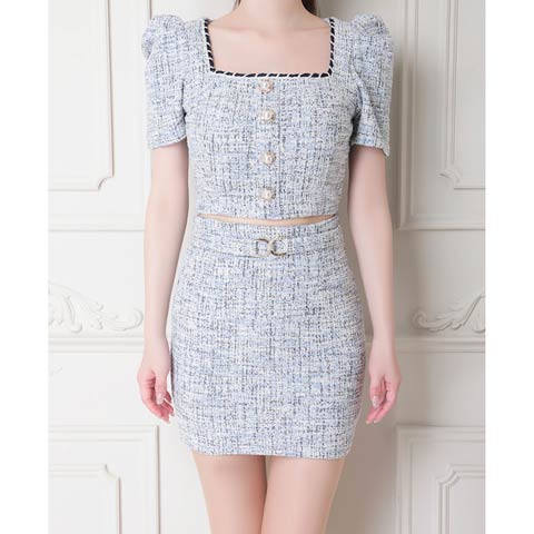 3/18再販![an]スクエアネックツイードパールボタン半袖セットアップ[AOC-3564](ホワイト-Sサイズ)