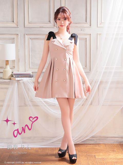 [an]ショルダーリボンダブルボタンサイドプリーツAラインミニ丈キャバドレス[AOC-3570]