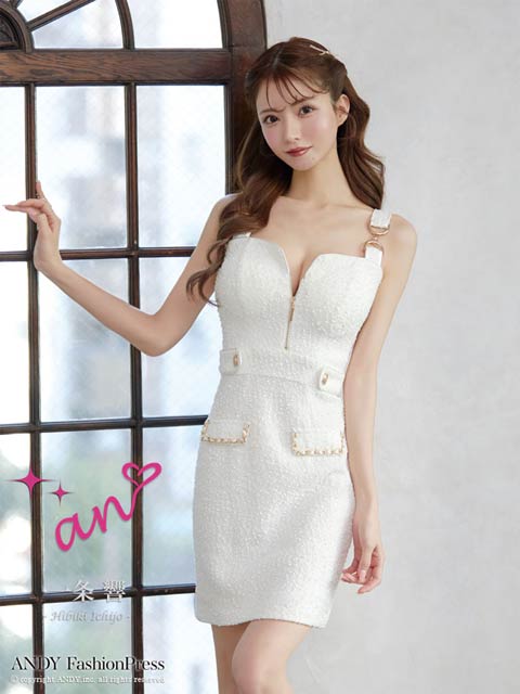 [an]谷間ジップゴールドチェーンポケットモチーフバックリボンタイトミニ丈キャバドレス[AOC-3585]