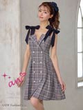 [an]リボンショルダーチェックプリーツAラインキャバドレス[AOC-3586]