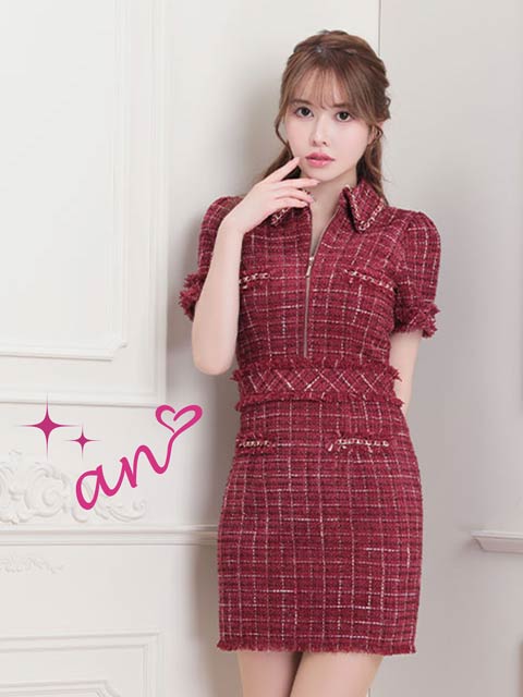 [an]フロントジップ襟付きツイードフリンジタイトミニドレス[AOC-3599]