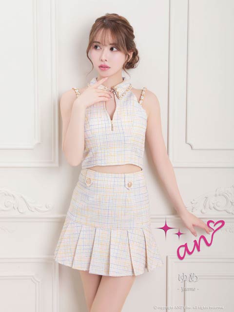 [an]ツイードチェーンフロントジッププリーツAラインセットアップ[AOC-3606]