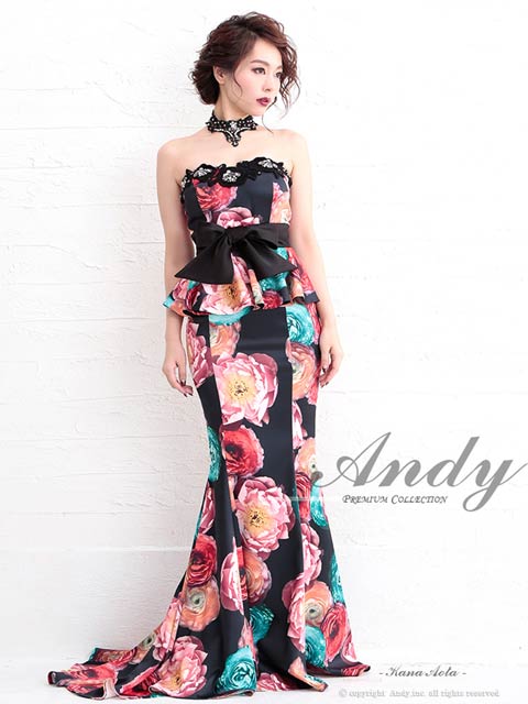 [Andy]ビビットフラワーウエストリボンペプラムベアロングドレス[AN-OK2231]