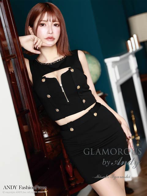 8/14再入荷![GLAMOROUS by Andy]ノースリーブフロントジップチェーンボタンスカートセットアップ[GMS-V809]