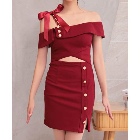 7/10再入荷![GLAMOROUS by Andy]アシメオフショルリボンウエストカットタイトミニドレス[GMS-V811](ワインレッド-XSサイズ)