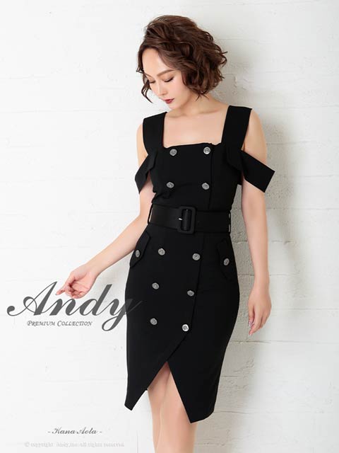 [Andy]スクエアネックオフショルフロントボタンベルト付きタイト膝丈キャバドレス[AN-OK2413]