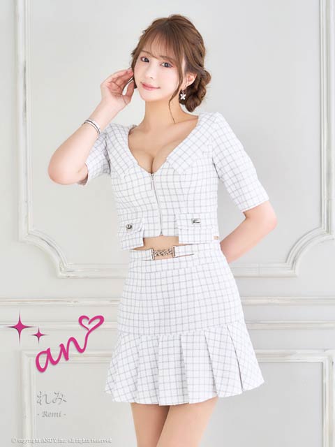 [an]チェック柄フロントジップ半袖プリーツAラインスカートセットアップ[AOC-3678]