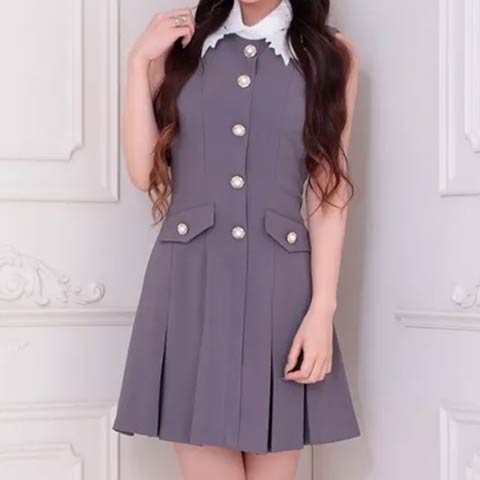 10/7再入荷![an]フラワー襟付きボックスプリーツAラインミニドレス[AOC-3739](グレー-Sサイズ)