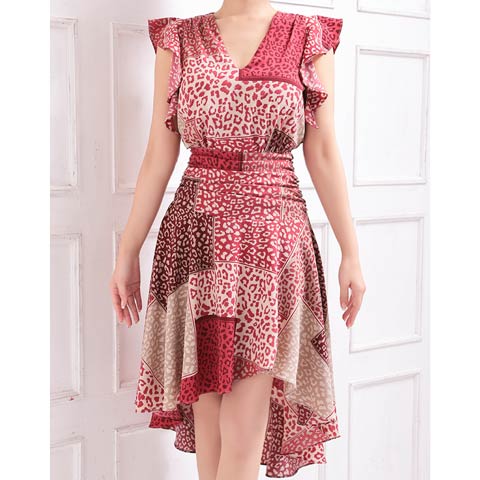 【ポイント20倍】[Andy]VネックレオパードフィッシュテールAラインミニドレス[AN-OK2643](レッド-Sサイズ)