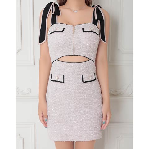 2/25再販![an]ショルダーリボンフロントジップウエストカットタイトミニ丈キャバドレス[AOC-3771](ベージュ-Sサイズ)