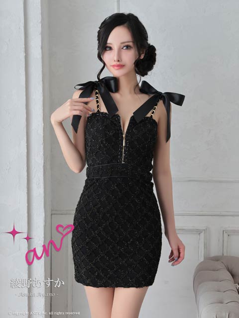 [an]格子柄ショルダーリボンフロントジップキャミソールタイトミニ丈キャバドレス[AOC-3762]