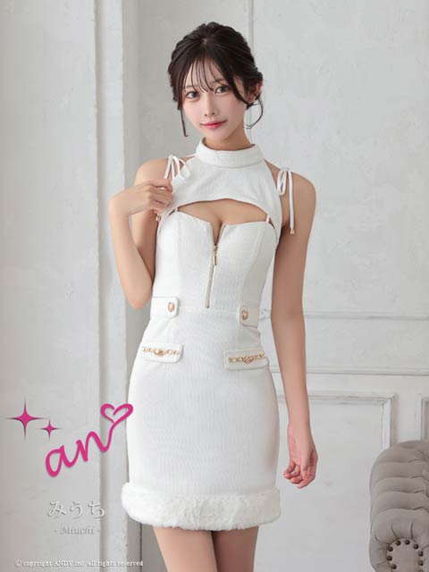 2/26再販![Andy]フロントジップアメスリリボンファータイトミニ丈キャバドレス[AOC-3760]