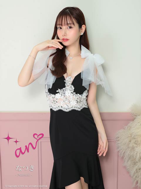 3/4再販![an]ビジューフラワー刺繍チュールリボンマーメイドキャバドレス[AOC-3720]