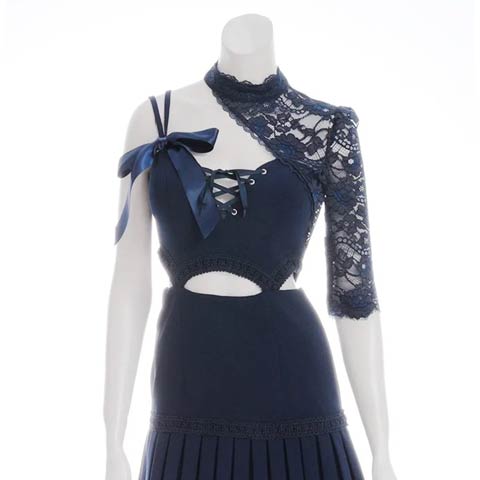 9/17再入荷![an]アシメレーススピンドルリボンプリーツAラインミニ丈キャバドレス[AOC-3719](ネイビー-Sサイズ)