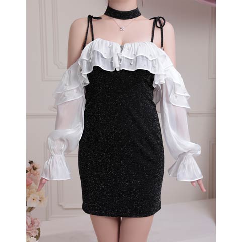 10/7再入荷!【ポイント20倍】[an]チョーカー付きフリルシフォンパールビジュー2way袖タイトミニ丈キャバドレス[AOC-3800 ](ホワイト×ブラック-XSサイズ)