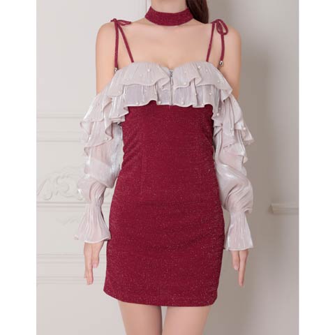 10/7再入荷!【ポイント20倍】[an]チョーカー付きフリルシフォンパールビジュー2way袖タイトミニ丈キャバドレス[AOC-3800 ](ベージュ×レッド-XSサイズ)