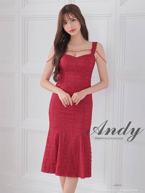 [Andy]チェック刺繍チェーンオフショルノースリーブマーメイド膝丈ミニ丈キャバドレス[AN-ON2833]