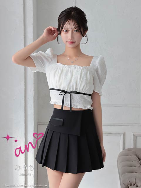 [an]リボンギャザー半袖トップス&フレアプリーツスカートセットアップ[AOC-3780]
