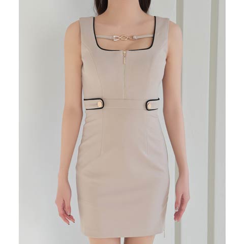 [GLAMOROUS by Andy]ノースリーブバックカットアウトジッパータイトミニ丈キャバドレス[GMS-V847](ベージュXブラック-Sサイズ)