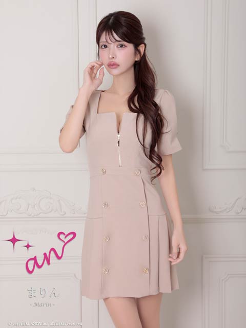 フロントジップダブルボタン半袖プリーツAラインミニドレス(グレー-Sサイズ) 6/24再入荷![an]フロントジップダブルボタン半袖プリーツAライン