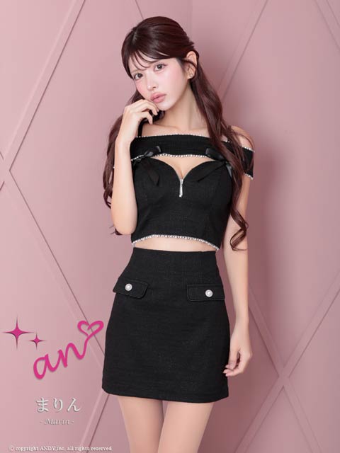 2/13再入荷![an]フロントジップパイピングパールリボンオフショルタイトミニセットアップ[AOC-3816]