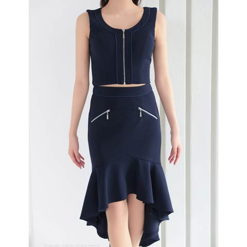 2/12再入荷![GLAMOROUS by Andy]フロントジップフィッシュテール膝丈セットアップ[GMS-V855](ネイビー-Sサイズ)