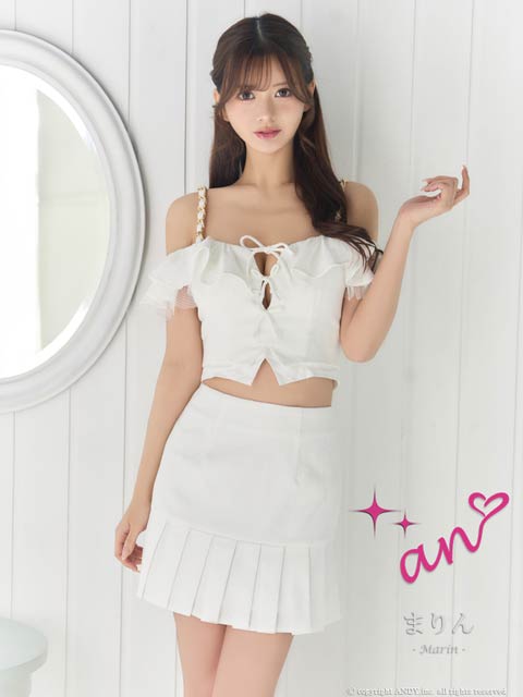 6/24再入荷![an]バイカラーリボンフリルオフショルプリーツAラインミニセットアップ[AOC-3824]