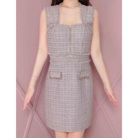 3/5再販![an]フロントジップフリンジツイードノースリーブタイトミニドレス[AOC-3733](モカ-XSサイズ)