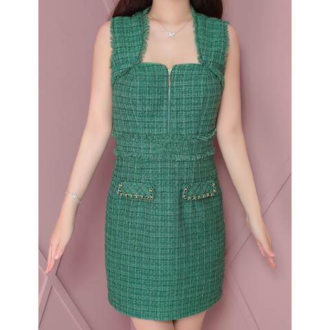 3/5再販![an]フロントジップフリンジツイードノースリーブタイトミニドレス[AOC-3733](グリーン-XSサイズ)