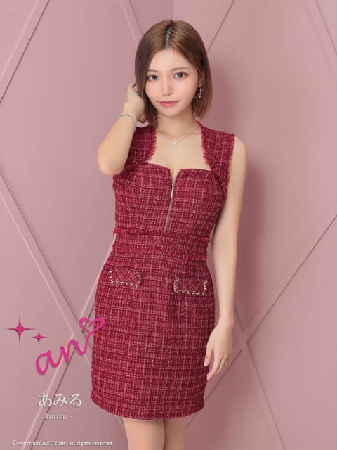 3/5再販![an]フロントジップフリンジツイードノースリーブタイトミニドレス[AOC-3733]