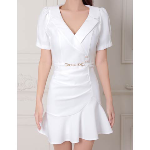 [an]カシュクールベルトモチーフパフスリーブマーメイドミニドレス[AOC-3805](ホワイト-Sサイズ)