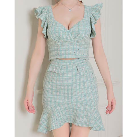 [an]ツイードカシュクールフリル袖マーメイドミニセットアップ[AOC-3824](ミント-XSサイズ)