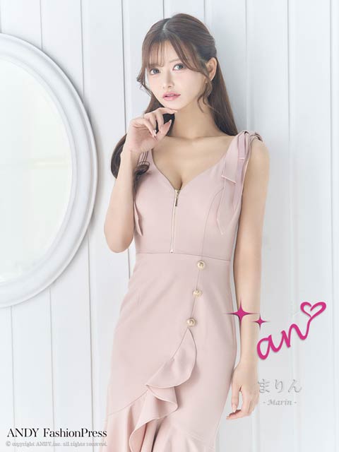 8/14再入荷![an]フロントジップリボンスリットフィッシュテール膝丈キャバドレス[AOC-3846]