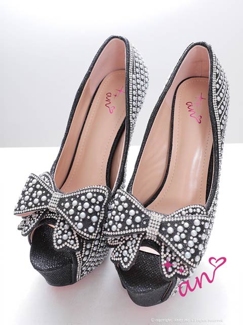 【ポイント20倍】[an]パールビジュービッグリボンオープントゥキャバヒールパンプス[AOC-SH045]