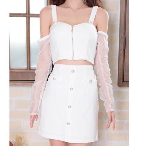 4/9再販![an]2wayフロントジップパールボタンビジューチュール袖付きタイトミニセットアップ[AOC-3856](ホワイト-XSサイズ)