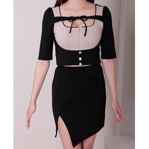 7/10再入荷![GLAMOROUS by Andy]フロントジップリボンラップスリット五分袖タイトミニセットアップ[GMS-V856](ブラック×ベージュ-Sサイズ)