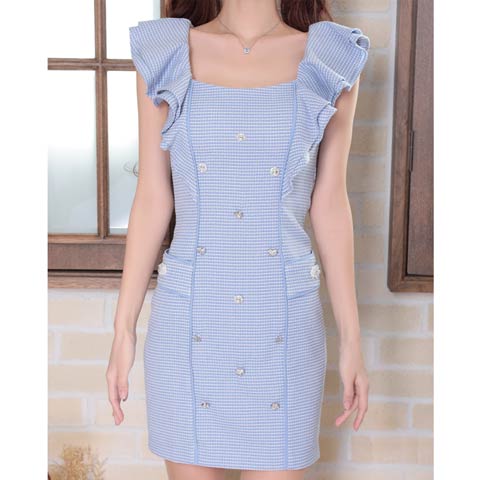 7/29再販!【ポイント20倍】[an]ハートビジューフリルフロントラインタイトミニ丈キャバドレス[AOC-3845](ブルー-Sサイズ)