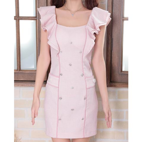 7/29再販!【ポイント20倍】[an]ハートビジューフリルフロントラインタイトミニ丈キャバドレス[AOC-3845](ピンク×ベージュ-Sサイズ)