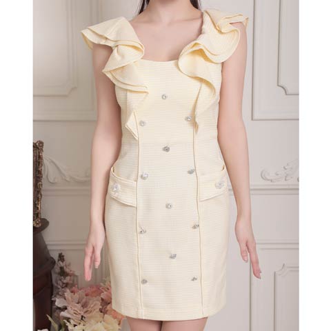 7/29再販!【ポイント20倍】[an]ハートビジューフリルフロントラインタイトミニ丈キャバドレス[AOC-3845](イエロー-Sサイズ)