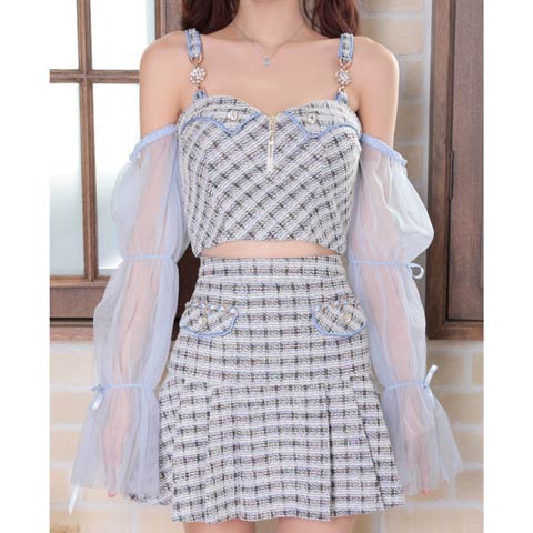 6/24再入荷![an]2wayツイードビジューシアー袖プリーツAラインミニセットアップ[AOC-3838](ブルー-Sサイズ)