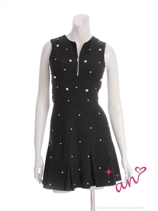 [an]ノースリーブビジューファスナーバックリボンプリーツAラインミニドレス[AOC-3862]