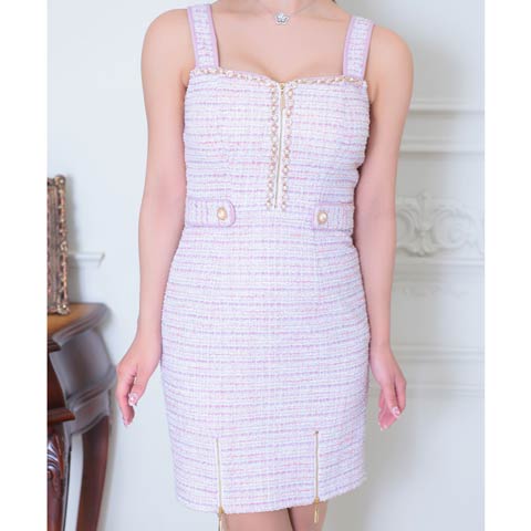 2/12再入荷!【ポイント20倍】[an]フロントジップツイードビジューラインタイトミニ丈キャバドレス[AOC-3859](ピンク-XSサイズ)