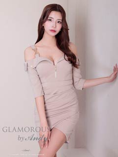 4/18新作![GLAMOROUS by Andy]オフショルダーバックルフロントジップ七分袖ドレープタイトミニドレス[GMS-V857]