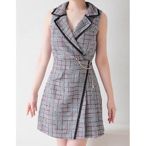 [Andy]ノースリーブグレンチェックジャケット風Aラインミニ丈キャバドレス[AN-ON2689](グレンチェック×ピンク-Sサイズ)
