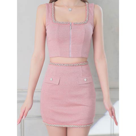 7/15再入荷![an]ノースリーブラメツイードジップビジュータイトミニセットアップ[AOC-3867](ピンク-XSサイズ)