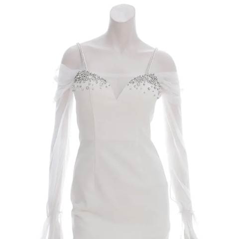 [an]オフショルシアーチュールスリーブビジュータイトミニ丈キャバドレス[AOC-3866](ホワイト-Sサイズ)