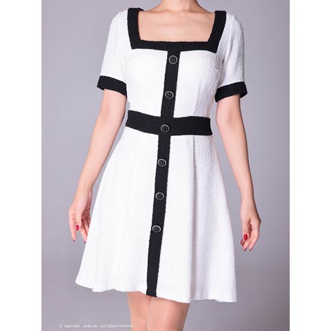 [Andy]スクエアネックバイカラーフロントボタンAラインミニドレス[AN-ON2683](ホワイト×ブラック-Mサイズ)