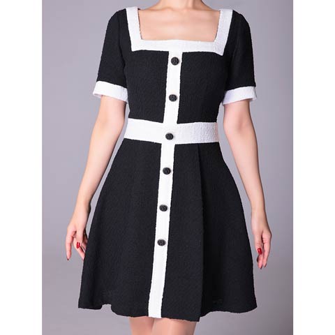 [Andy]スクエアネックバイカラーフロントボタンAラインミニドレス[AN-ON2683](ブラック×ホワイト-Mサイズ)